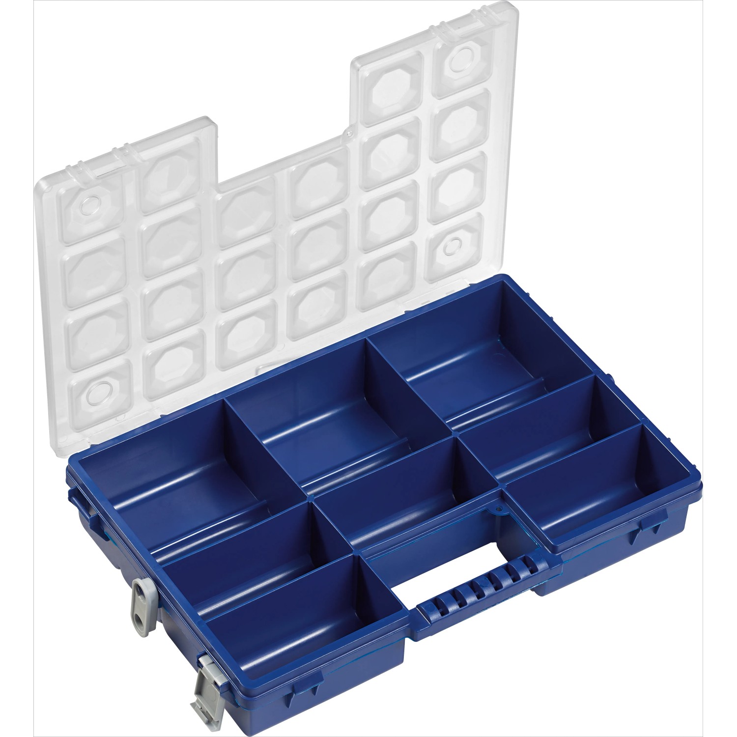 Blauer LUX Sortierkasten mit 8 Fächern und transparentem Deckel. Ideal für Aufbewahrung.