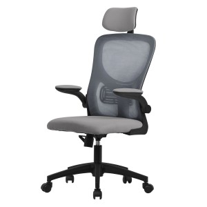 Ergonomischer, grauer ML-Design Bürostuhl mit Netzrücken und verstellbarer Kopfstütze.