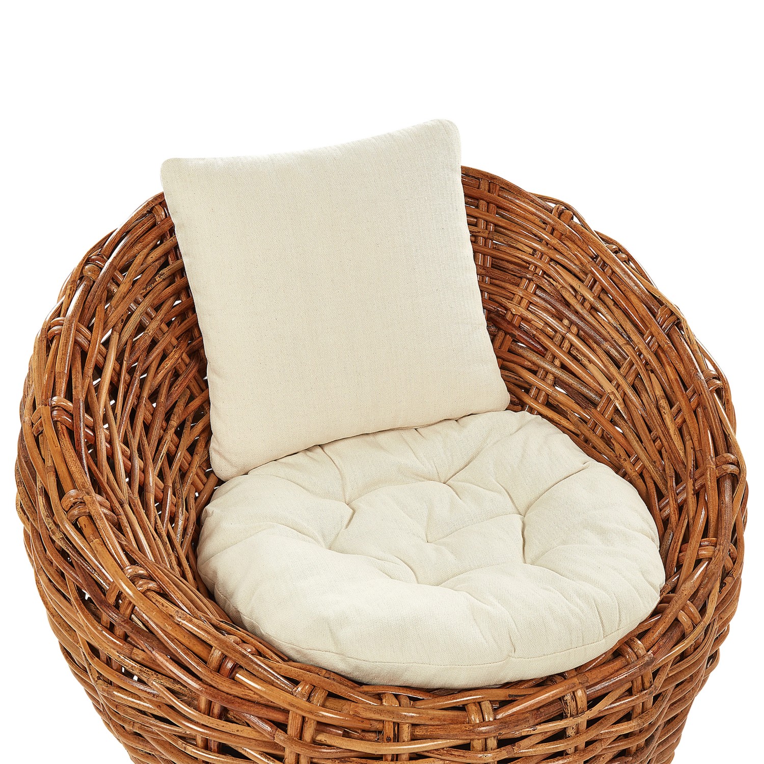 Naturfarbener Beliani Gartenstuhl aus Rattan mit beigen Kissen (55x97x80 cm).