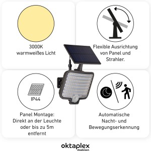 Oktaplex Ede Solar Außenstrahler mit Bewegungsmelder, warmweißes Licht. Autarke Beleuchtung für den Garten.