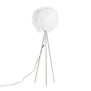Stehleuchte Feather im Landhausstil, Stahlfuß, weißer Lampenschirm mit Federn, dimmbar.