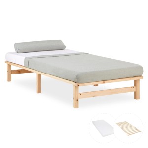 Homestyle4u Palettenbett 90x200 mit Matratze, Kiefernholz natur. Einzelbett mit Lattenrost und Matratze.