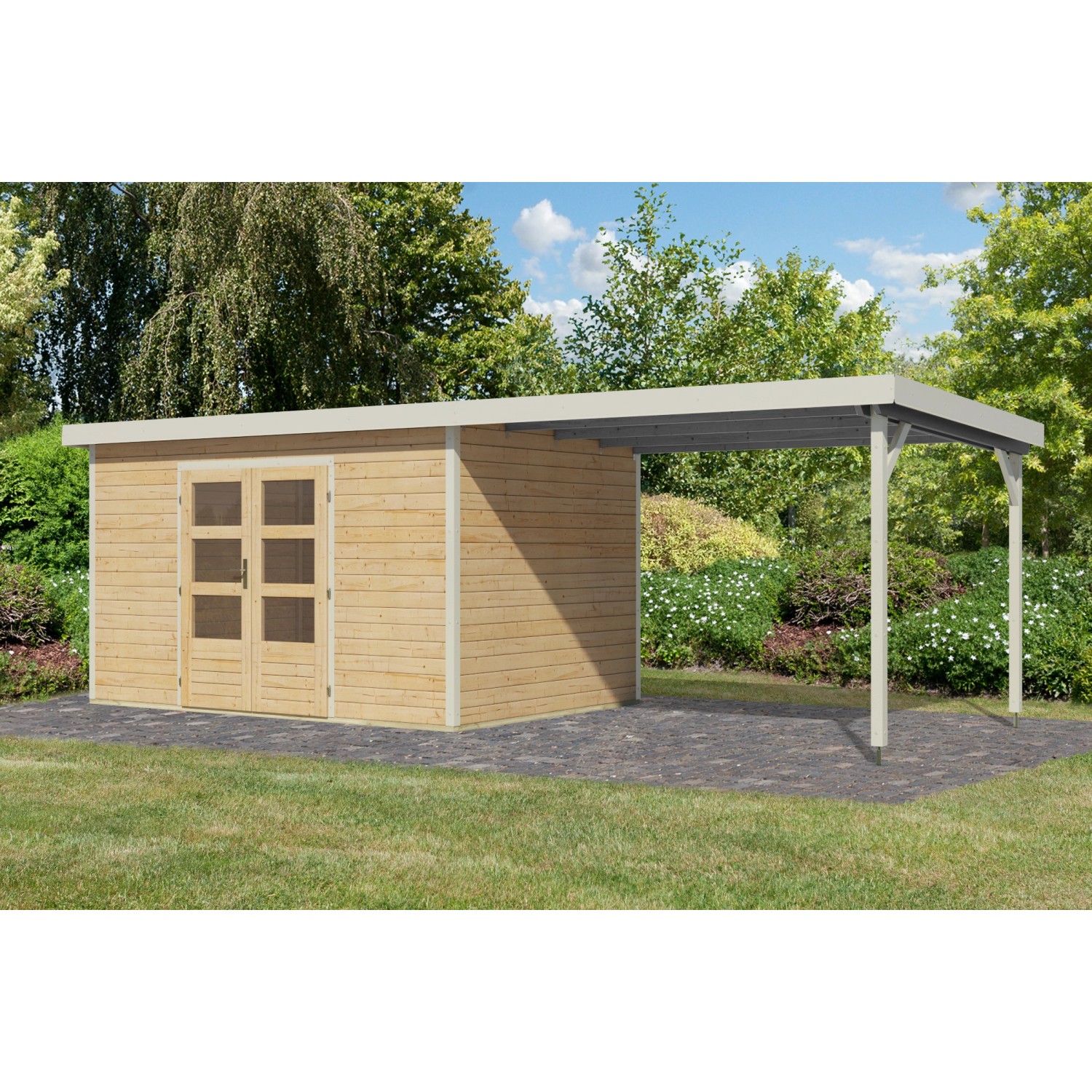 Karibu Gartenhaus Domingo 7 A m. Anbaudach Naturbelassen/Weiß 219 x 360 x 2 günstig online kaufen