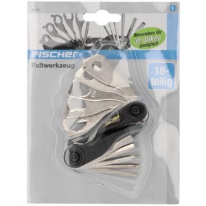 Fischer Faltwerkzeug mit 18 Funktionen für Reparaturen, kompakt und vielseitig.
