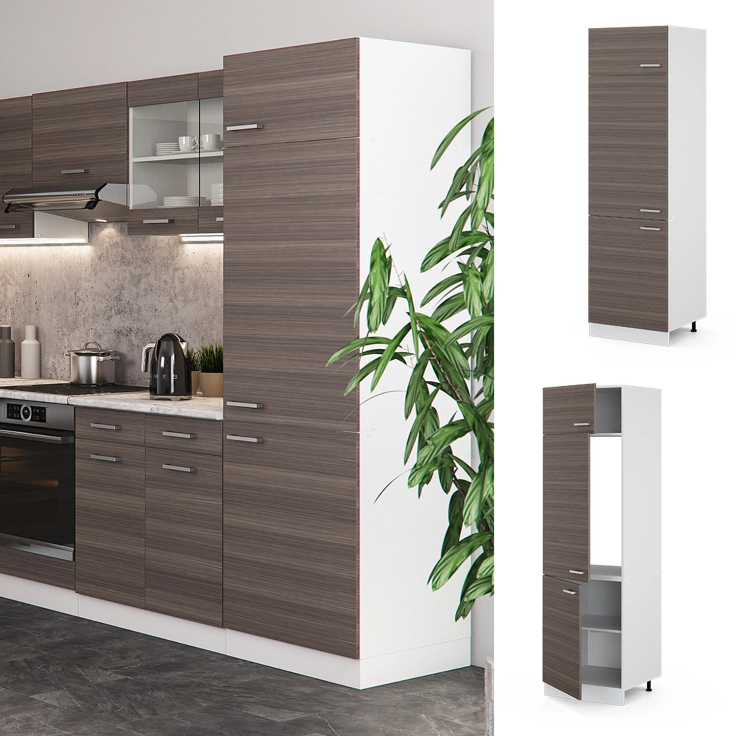 Vicco Kühlumbauschrank R-Line, Hochschrank Küche, grau/weiß, 60 cm. Küchenschrank für Kühlschrank.