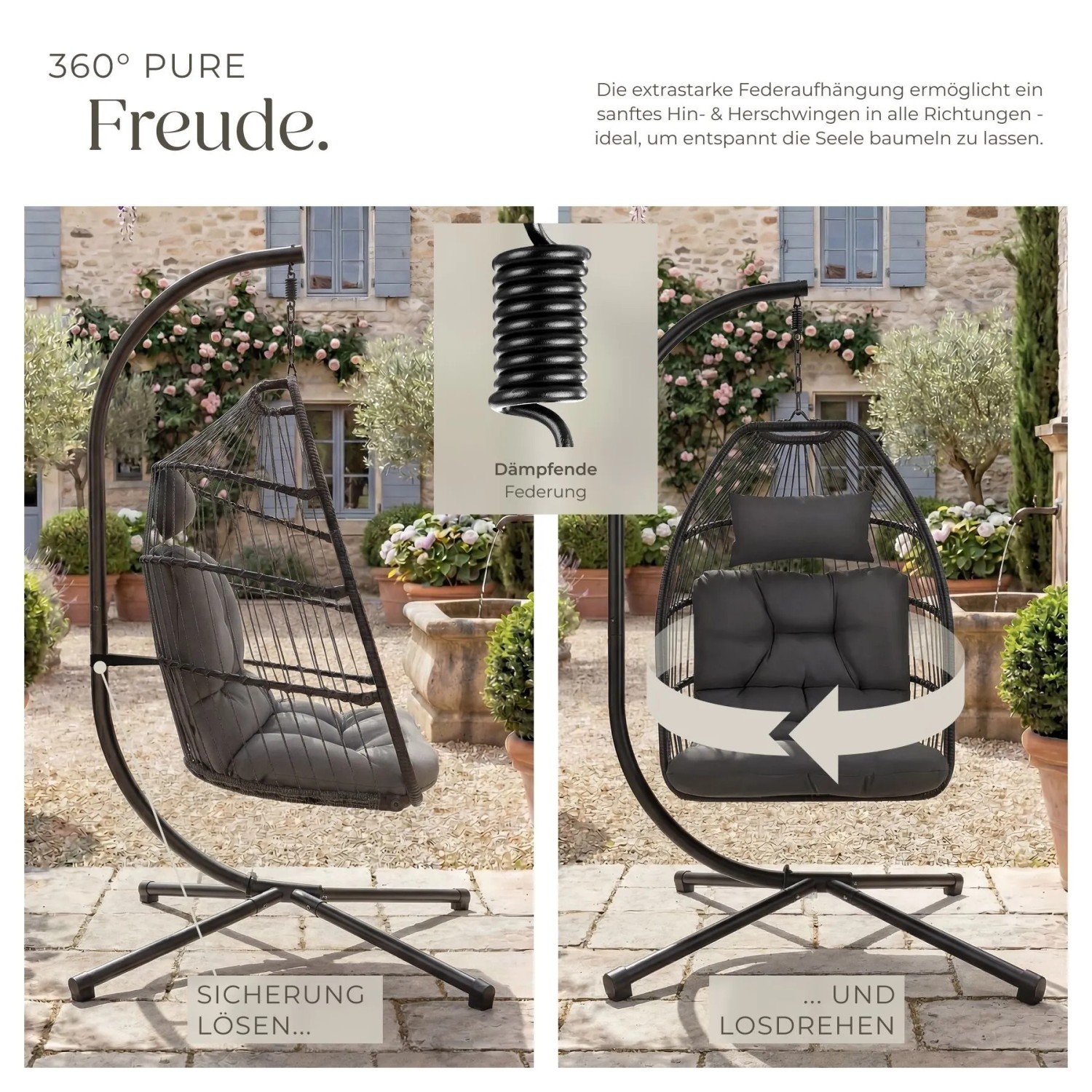 Tectake Hängesessel Ariane Mit Extra Dickem Sitz  und Kopfkissen Stabil  Bodenschonend und Faltbar  107 x 98 x 202 cm Dunkelgrau_7