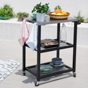 Schwarzer Taino Netis Grillwagen mit Edelstahlplatte, Rollen und drei Ablageflächen für Balkon, Garten oder Terrasse.