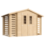 Timbela Holz-Gartenhaus M391C+M391G mit Brennholzregalen, beige-braun.