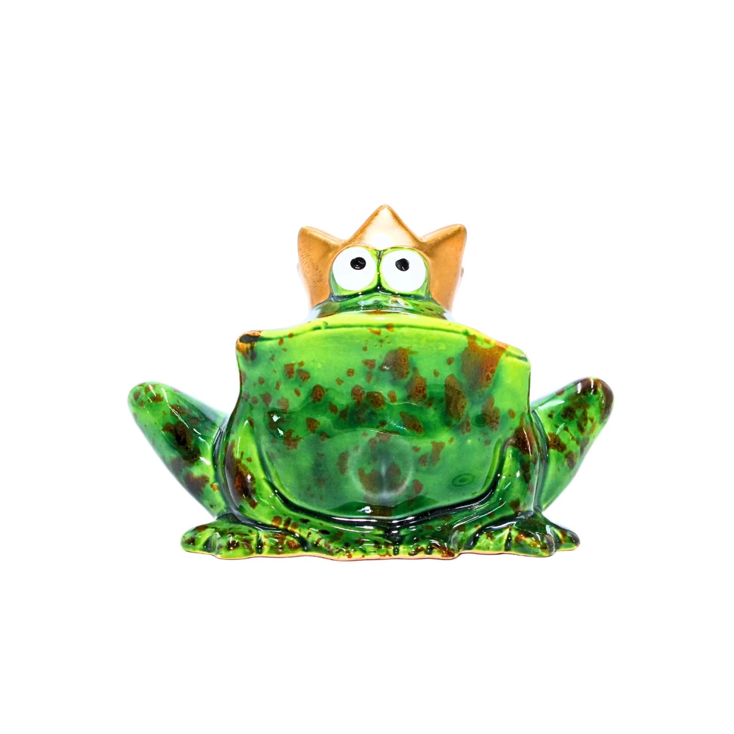 Dekohelden24 Lustiger Deko Frosch mit Goldener Krone Froschkönig aus Keramik in Grün L/B/H ca 6 x 12 x 9 cm