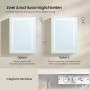 Weißer Spiegelschrank mit Beleuchtung, zeigt flexible Stromanschlussoptionen und integrierte Steckdosen (USB, AC).