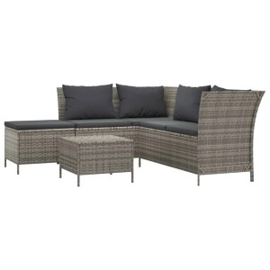 Graues 4-tlg. Garten Lounge Set aus Polyrattan mit dunklen Kissen.