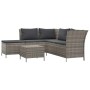 Graues 4-tlg. Garten Lounge Set aus Polyrattan mit dunklen Kissen.