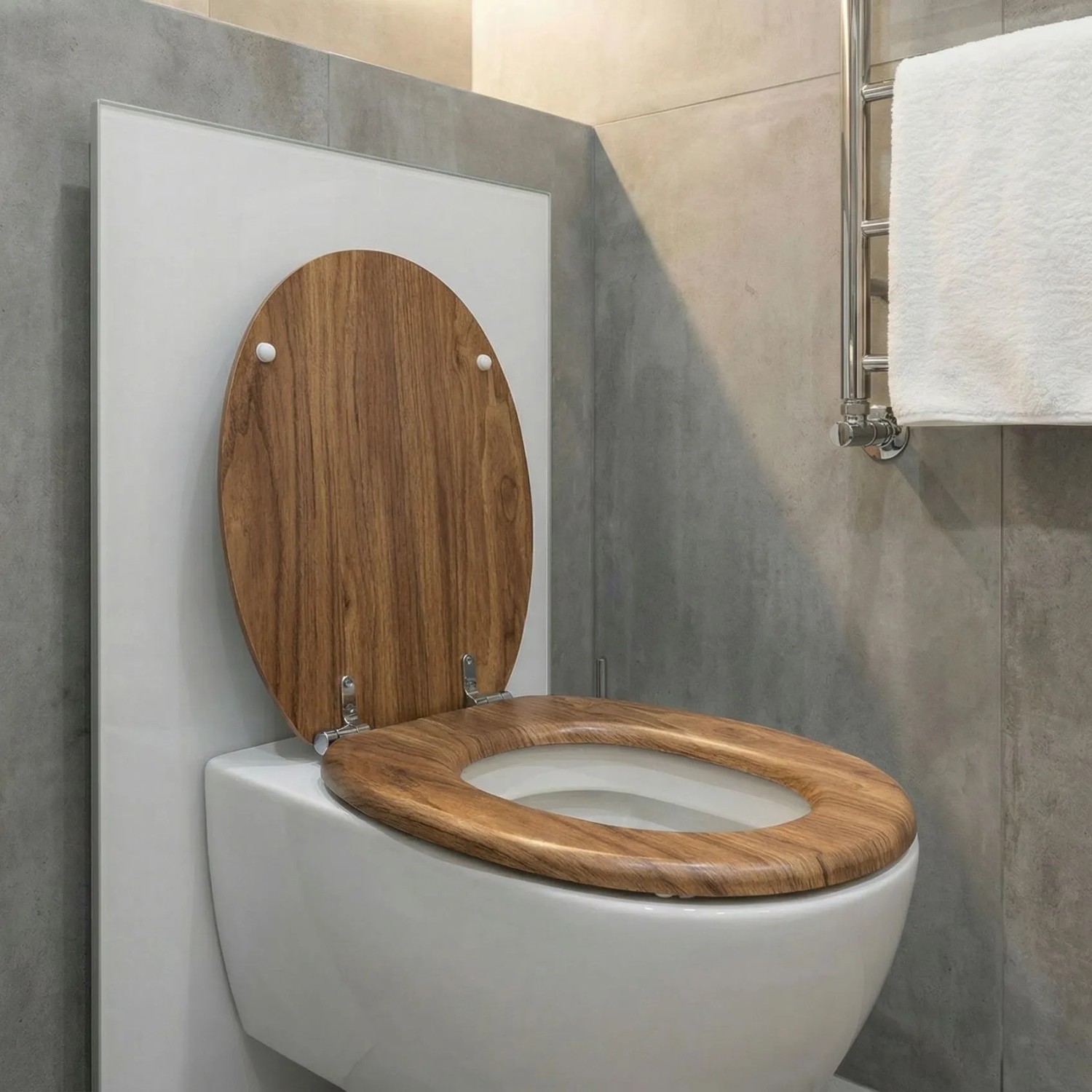 Sinobath WC-Sitz mit Holzmaserung, Absenkautomatik und glänzenden Metallscharnieren. Modernes Design für Ihr Bad.