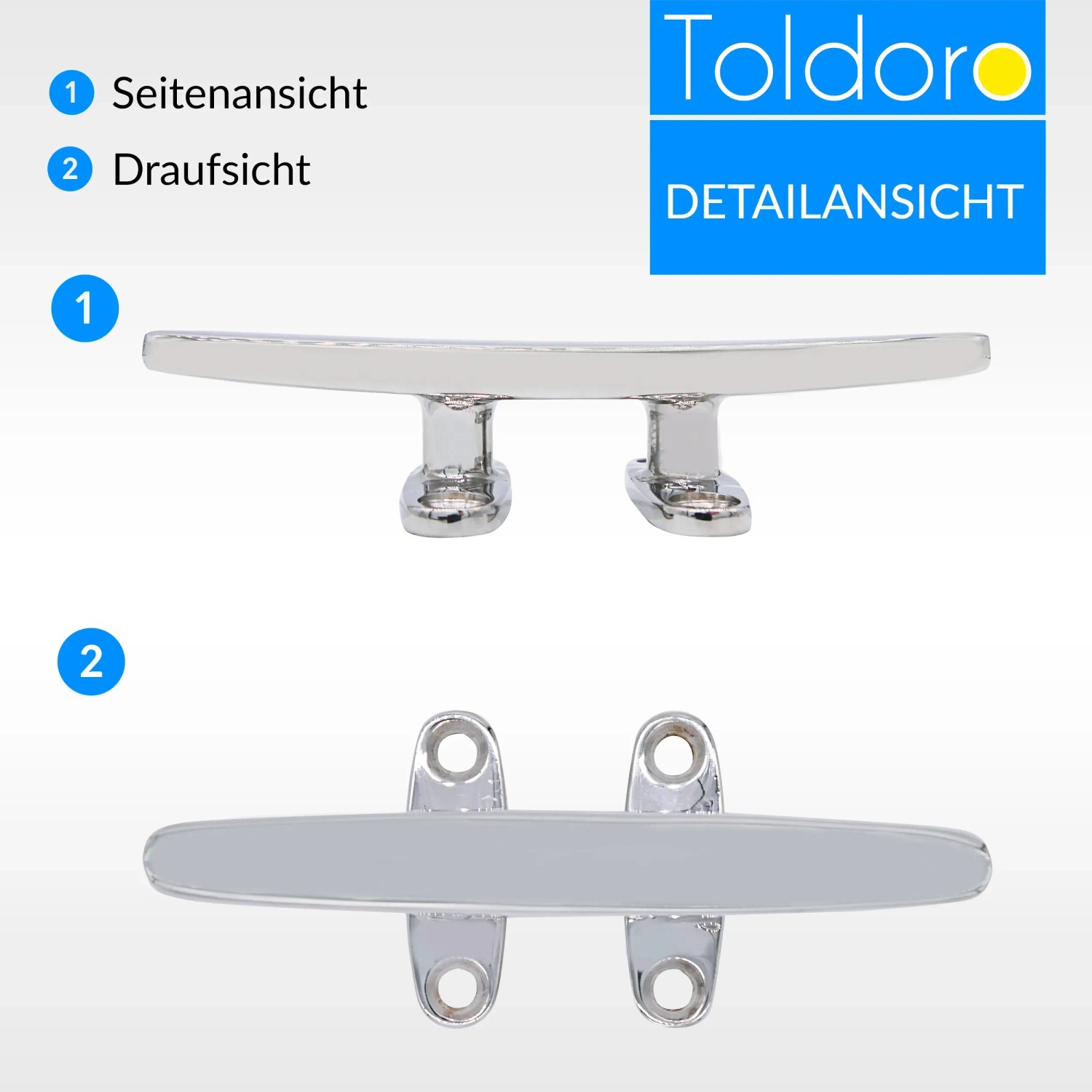 Toldoro Edelstahl Klampe 150mm, Seiten- und Draufsicht, Bootszubehör zum Festmachen.