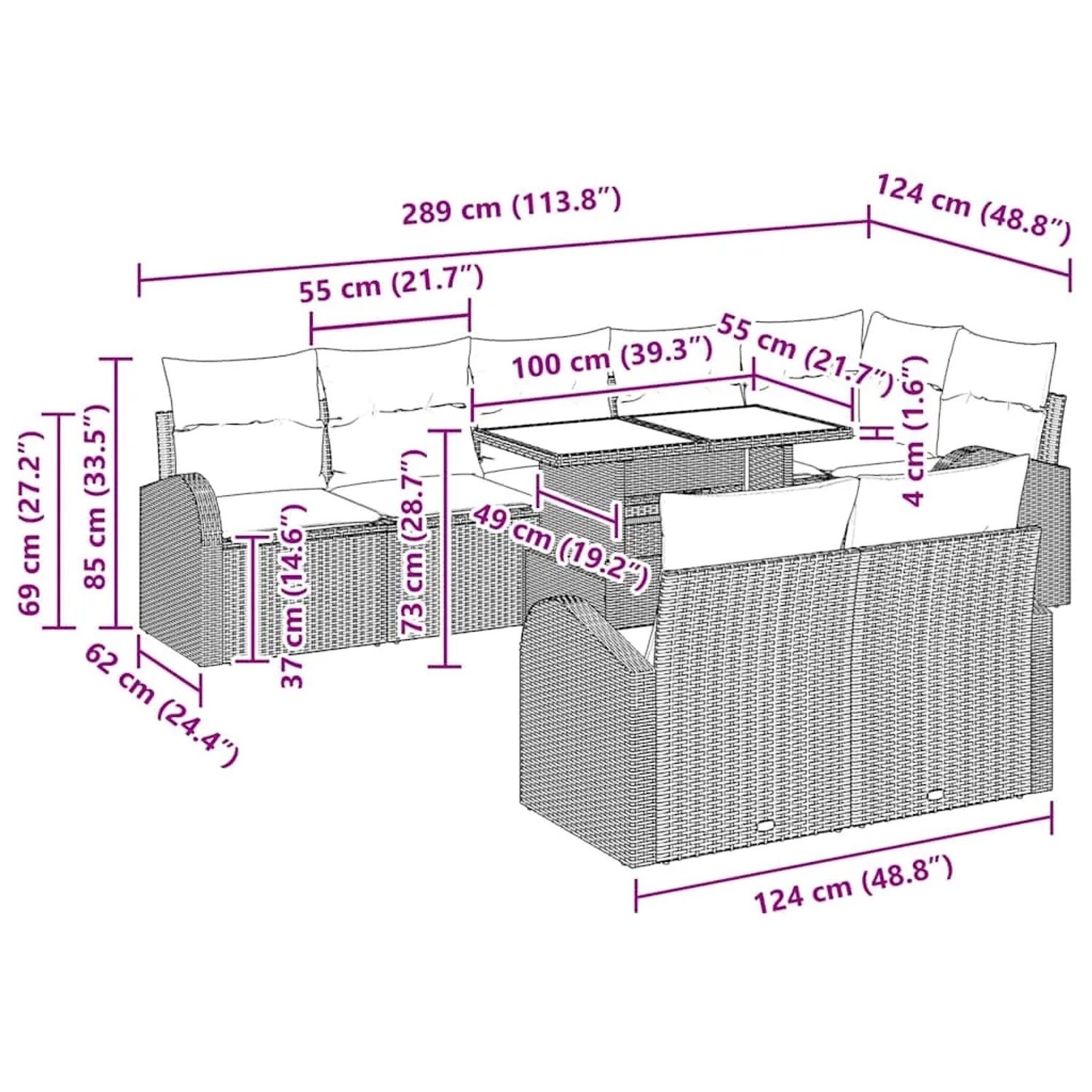 Graues 9-teiliges vidaXL Garten-Sofa-Set aus Poly Rattan mit Tisch und Stauraum. Abmessungen sichtbar.