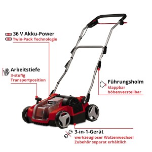 Einhell Akku-Vertikutierer-Lüfter GE-SC 36/35 Li-Solo, rot/schwarz. Elektro-Vertikutierer für Rasenpflege.