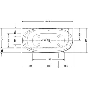 Technische Zeichnung der weißen Duravit Cape Cod Whirlwanne 190x90 cm für Ecke links mit Maßen.
