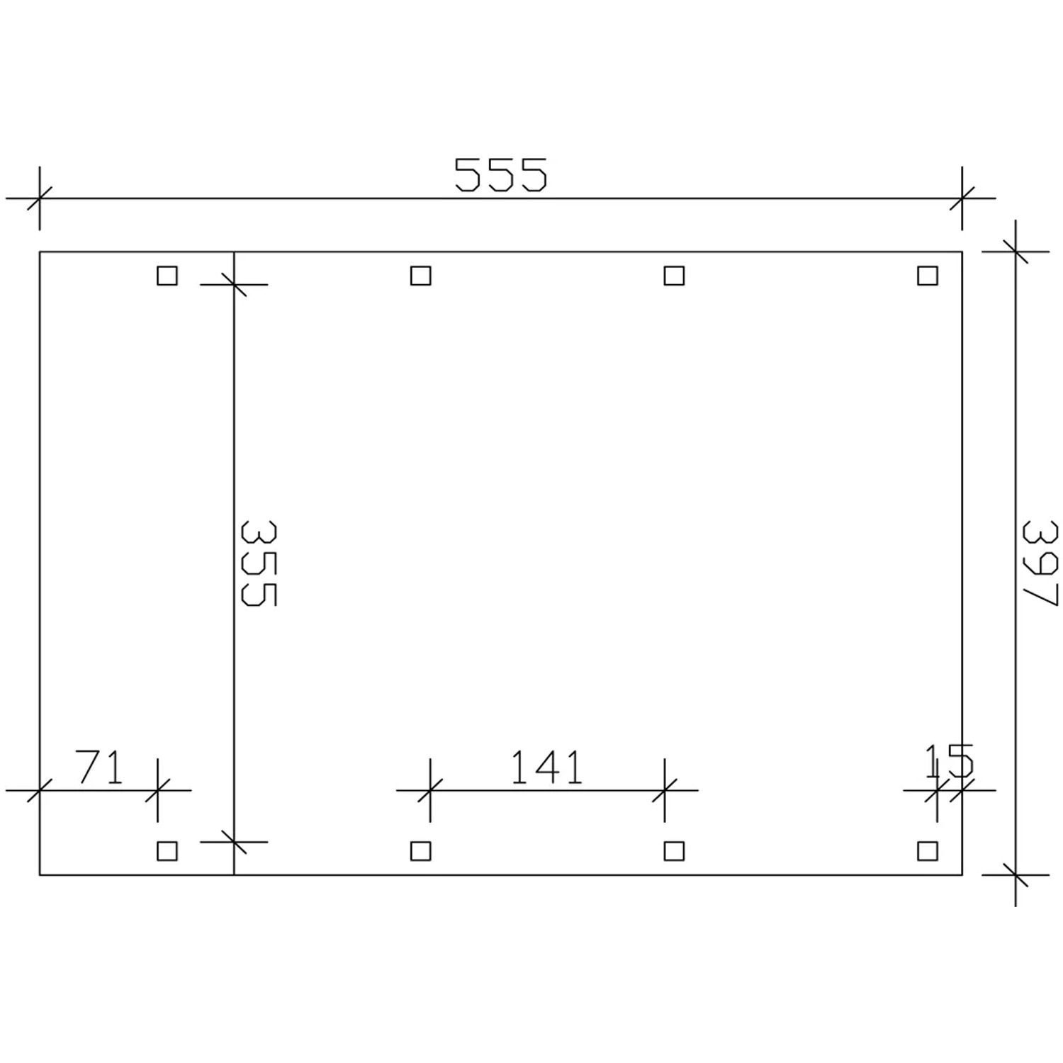Maße des Skan Holz Carport Friesland Nussbaum: 397x555cm, Pfostenanordnung.