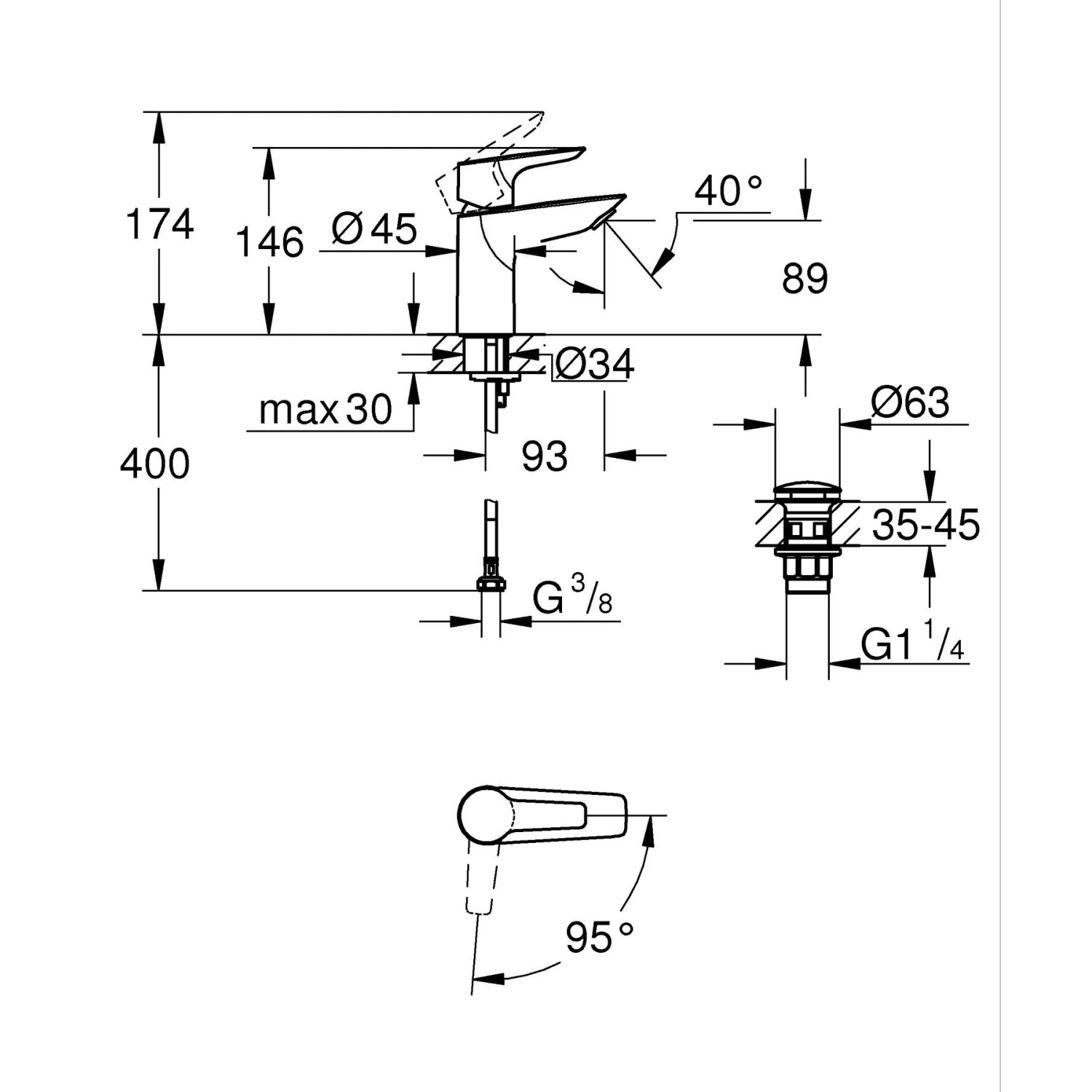Technische Zeichnung: Grohe QuickFix Waschtischarmatur Start Alira Chrom S mit Maßen.