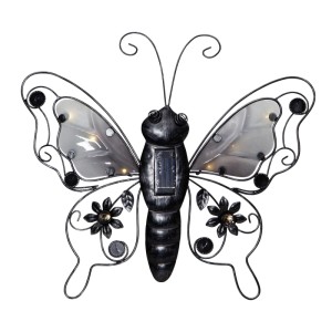 Schwarze LED-Solar-Wanddeko Schmetterling aus Metall mit weissem Licht für Garten & Balkon. IP44 Solar-Deko.
