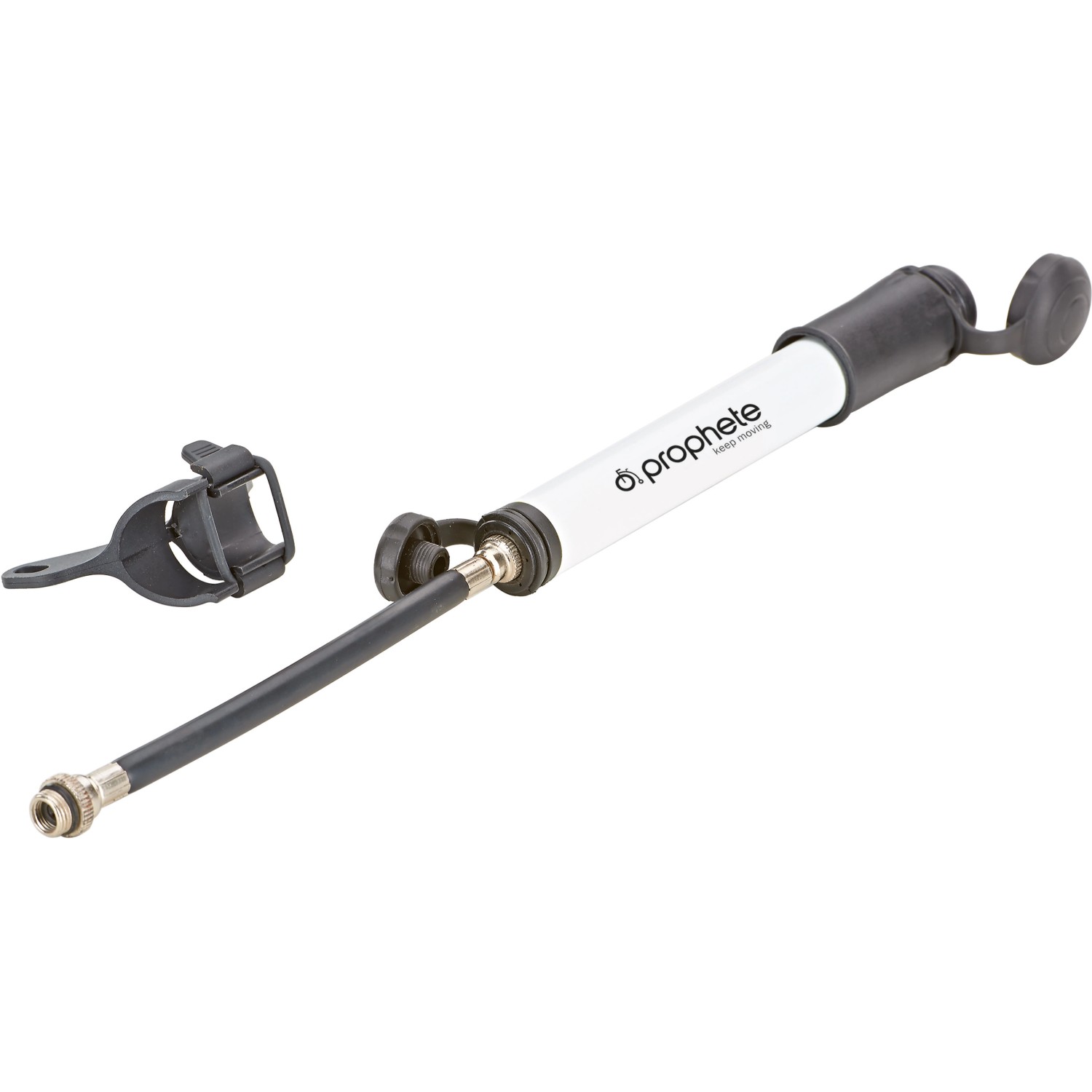 Prophete Mini-Luftpumpe für Fahrradreifen mit Halterung und Schlauch.