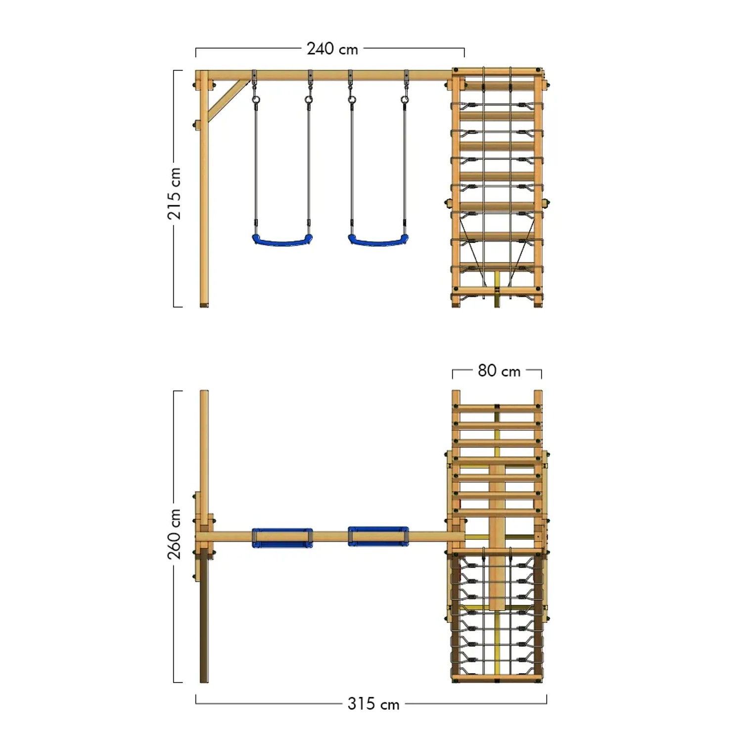 Wickey Schaukel Smart Hike Blau mit Kletteranbau und Schwebebalken, Maße: 315x260x215 cm.