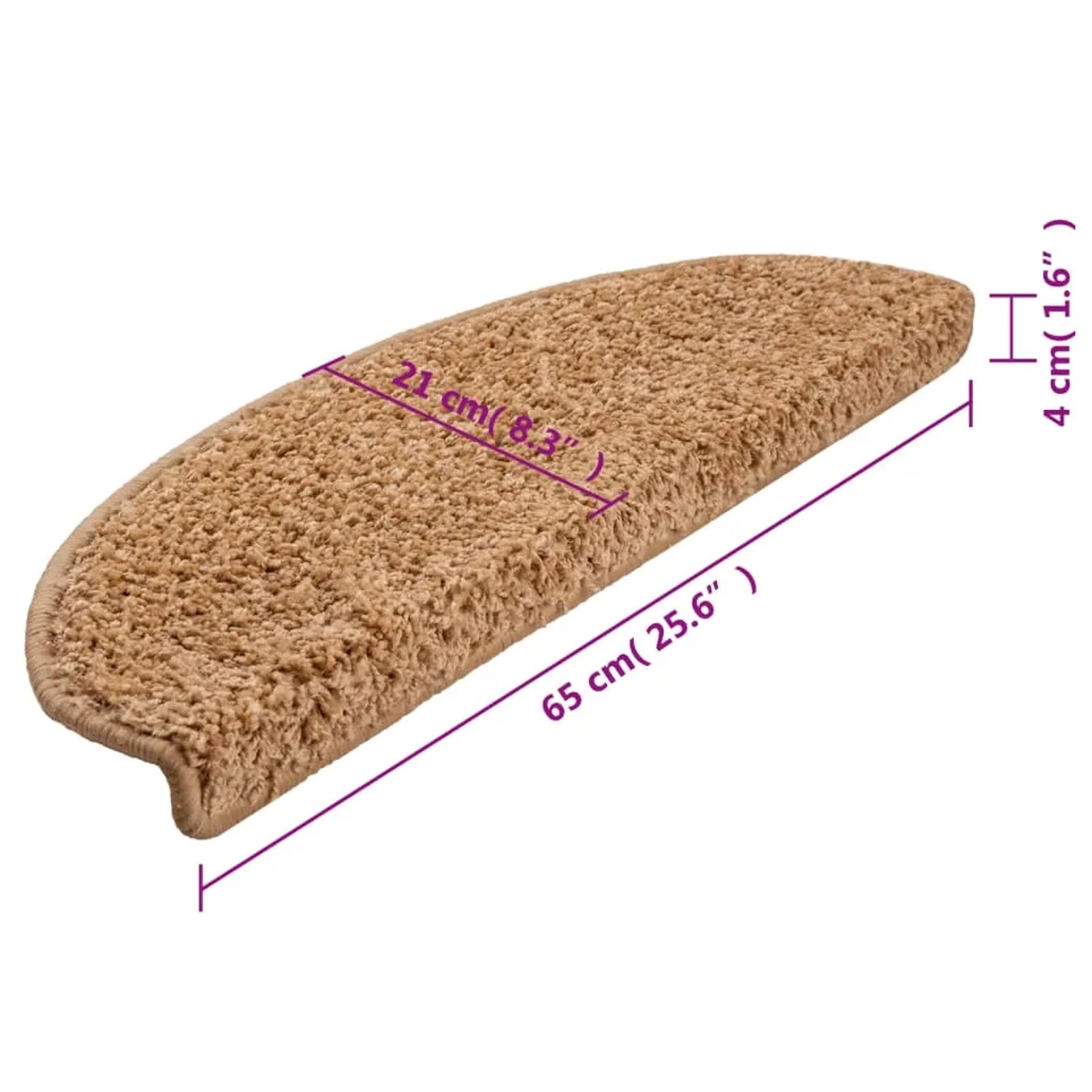 Beige halbrunde Stufenmatte 65x21x4 cm aus getuftetem PP. Rutschfeste Treppenmatte für sicheren Tritt.