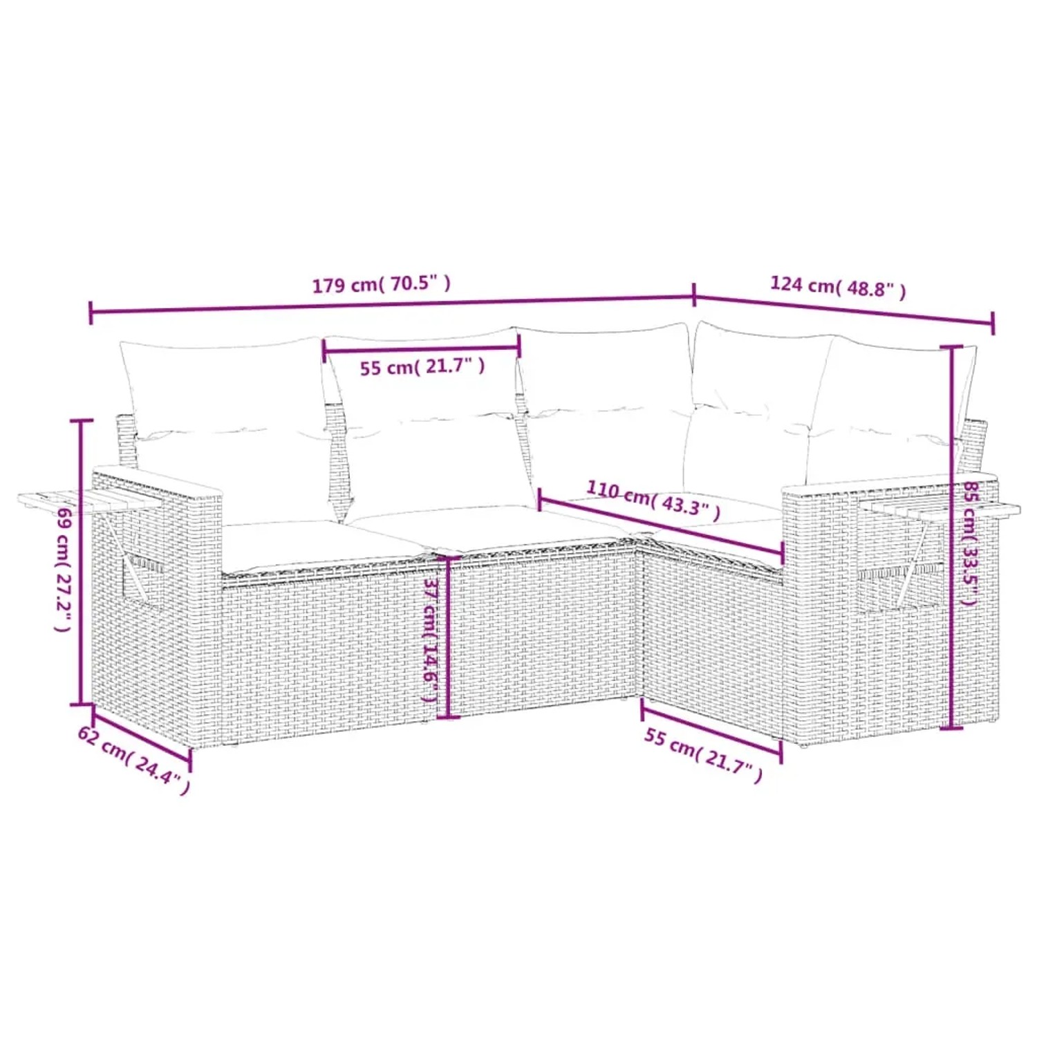 Schwarze 4-teilige Garten-Sofagarnitur aus Polyrattan mit Kissen. Gartenmöbel für Terrasse und Garten.