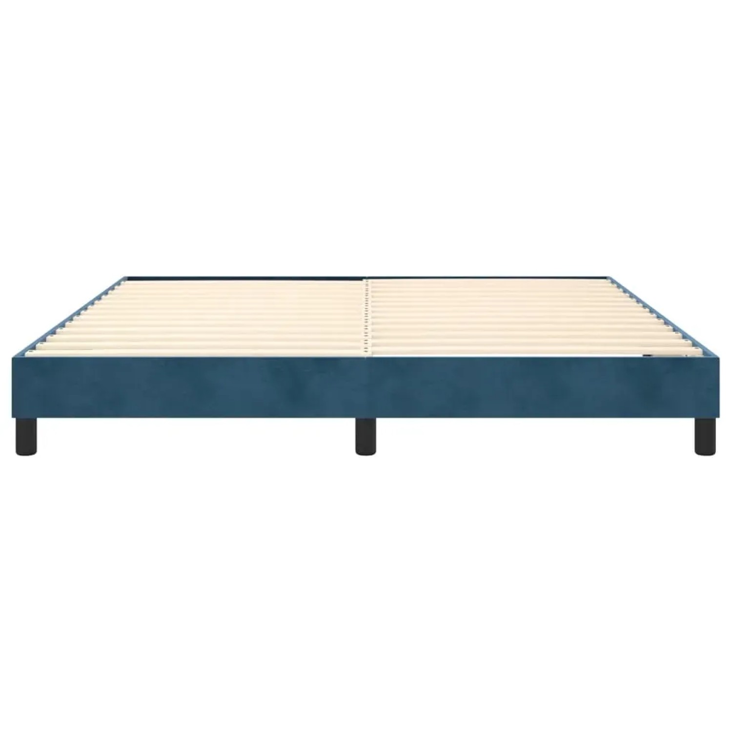 Boxspringbett in Dunkelblau (160x200 cm) mit Samtbezug und Holzlattenrost.