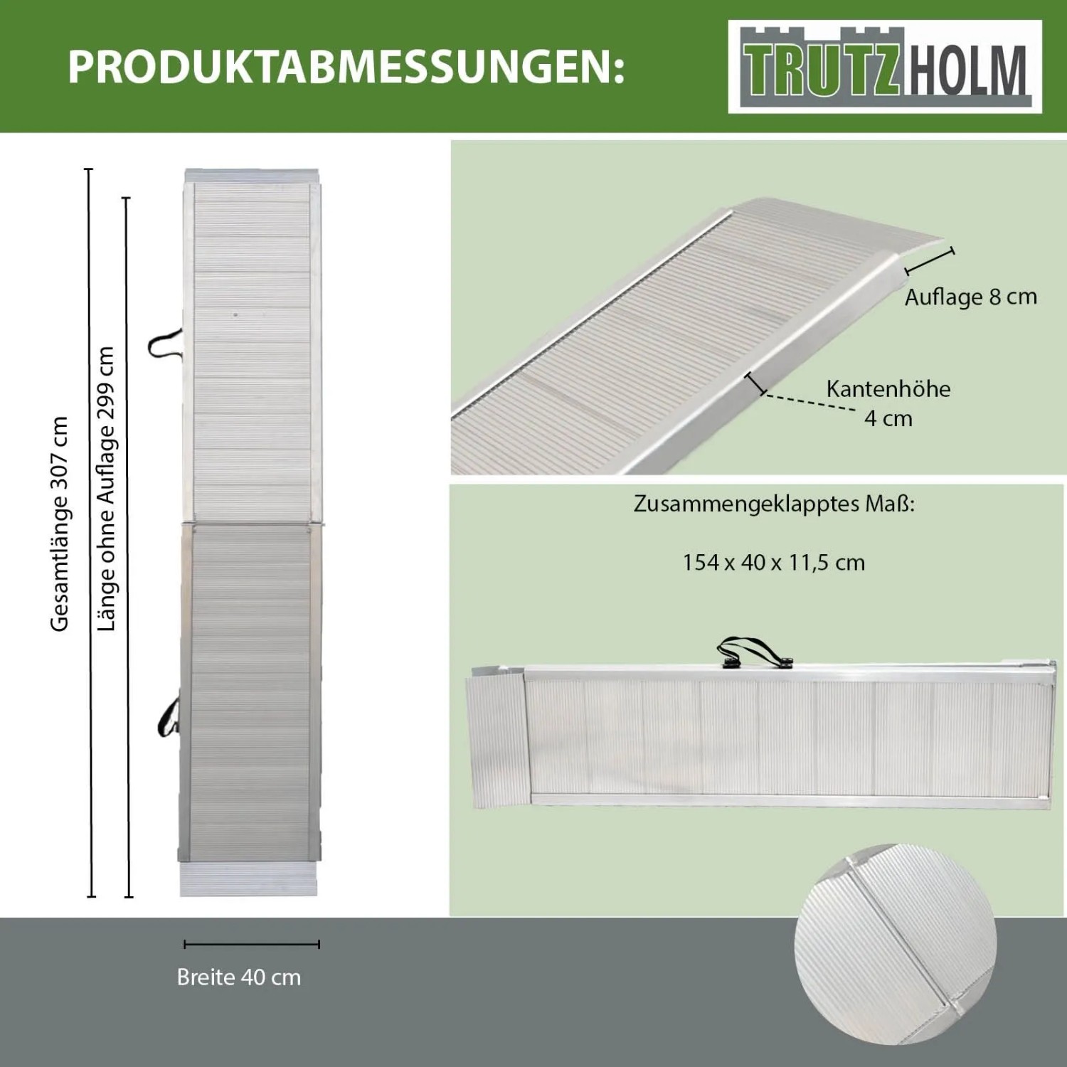 TRUTZHOLM klappbare Aluminium Auffahrrampe, 307 cm lang, 40 cm breit. Gefaltet 154 cm, rutschfeste Oberfläche.