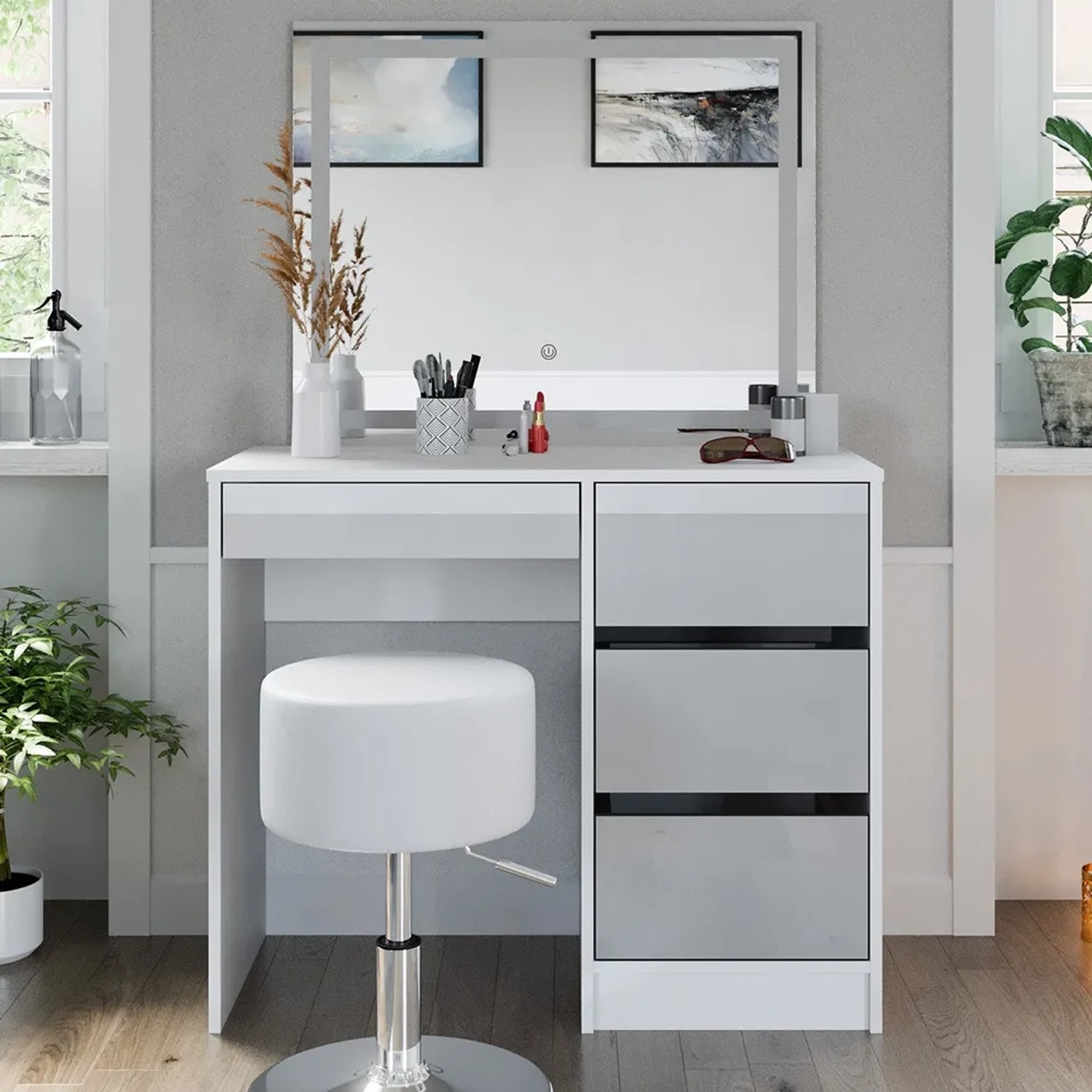 Vicco Schminktisch Sherry, weiß/hochglanz, 90 cm, mit LED-Spiegel und Hocker.