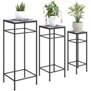 Outsunny Blumenständer Set mit blau-weißem Mosaik, 3 Größen. Dekorative Pflanzenständer aus Metall.
