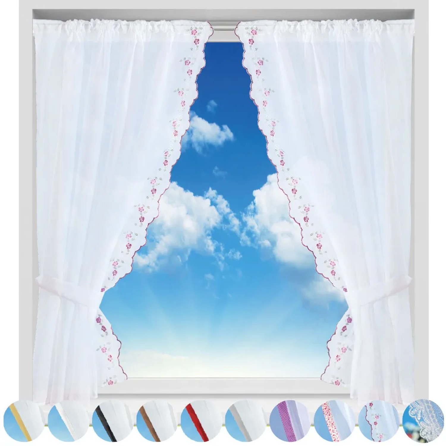 Arsvita Gardinenset Weinrot mit Blumen, Satin, 140x120cm. Fenstervorhang mit Stangendurchzug.
