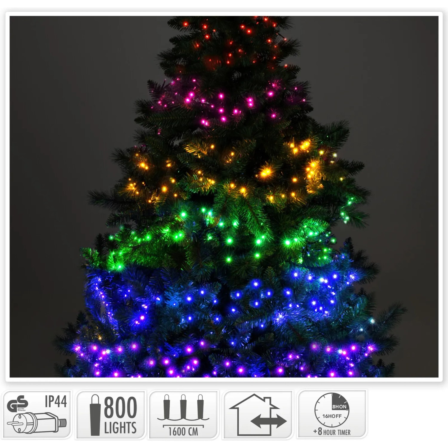 Mehrfarbige Außen-Lichterkette mit 800 LEDs und Timer auf einem Weihnachtsbaum.