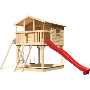 Karibu Stelzenhaus Benjamin mit Doppelschaukel und roter Rutsche aus Holz.