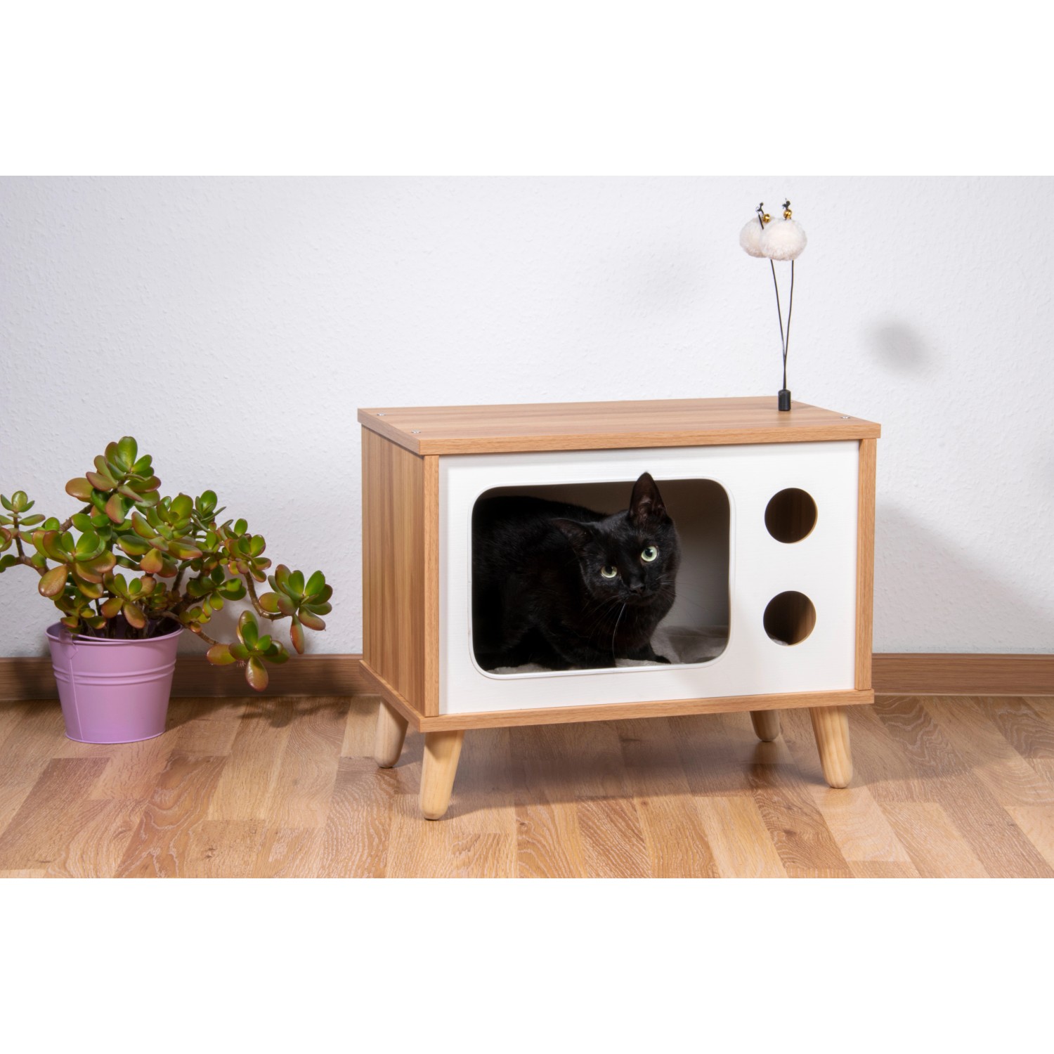 Katzenhöhle im TV-Design mit Spielbällen, Holz, Braun-Weiß. Katze liegt entspannt in der Höhle.