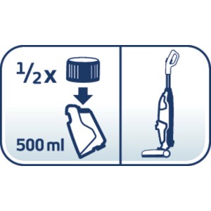 Anleitung: Leifheit Universalreiniger Dosierung für Saugwischer, 1/2 Dosierdeckel auf 500ml Wasser.