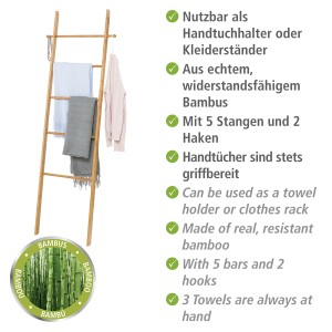WENKO Handtuchleiter Bahari aus Bambus mit 5 Stangen und 2 Haken, ideal als Handtuchhalter.