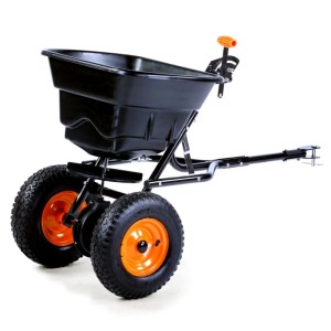 FUXTEC FX-GS36S Streuanhänger: schwarzer 36kg Behälter, robuste Bauweise, orange Räder, Anhängerkupplung. Ideal für Saatgut, Dünger, Salz.