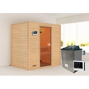 Woodfeeling Sauna Selena mit Ofen und bronzierter Glastür. Massivholzsauna für entspannende Momente.