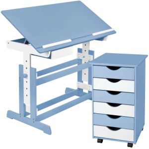 Blauer Tectake Schreibtisch mit Rollcontainer, 6 Schubladen, höhenverstellbar, neigbare Platte.
