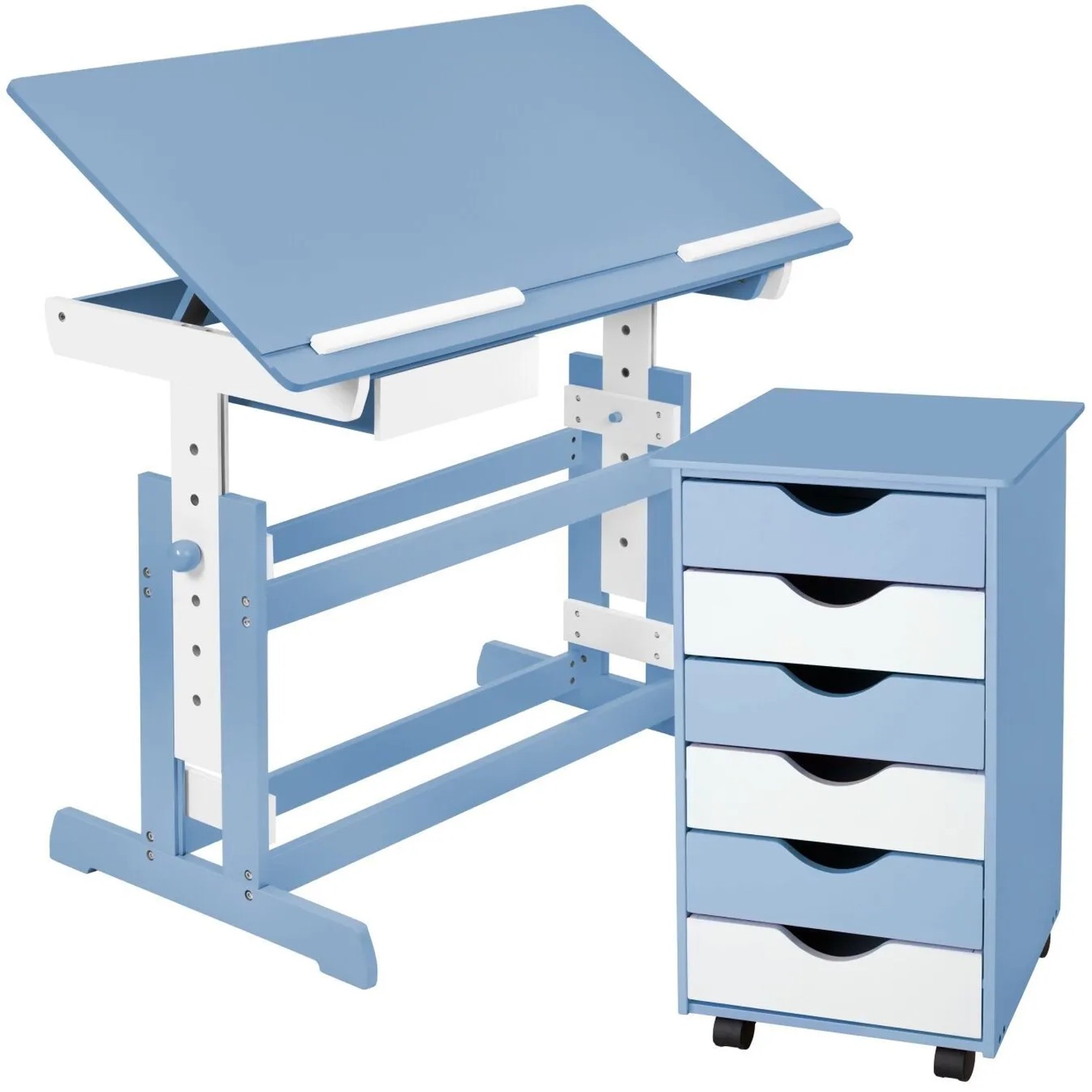 Tectake Schreibtisch  und Rollcontainer Mit 6 Schubladen Aus Holz  109 x 55 x 94 cm Blau