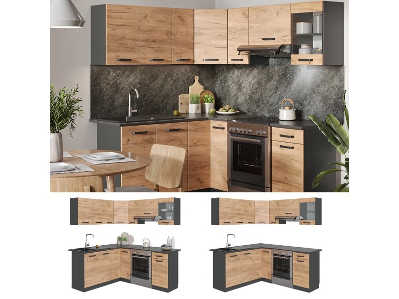 Vicco Eckküche Küchenblock Einbauküche R-Line J-Shape Anthrazit Rot 277x257 Cm Modern Kuechenschraenke Kuechenmoebel