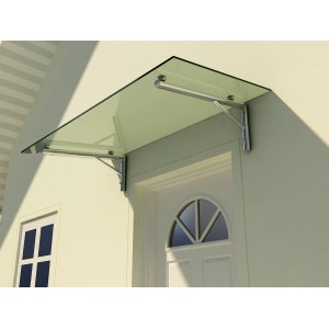 Modernes Glasvordach Zugspitze Klarglas VS-Glas 250x120 cm mit Edelstahlhalterung über einer Haustür.
