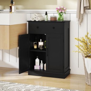 Schwarzer Badezimmerschrank mit Schublade und zwei Türen, eine offen mit verstellbarem Regal. Ideal für Badregale & Badablagen.