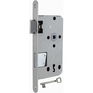 Zimmertür-Einsteckschloss, Buntbart, gefälzt, DIN links, silberfarben, mit Schlüssel.