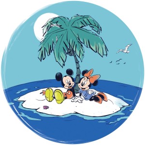 Runde, selbstklebende Disney Tapete mit Mickey und Minnie Mouse auf einer Insel unter einer Palme.