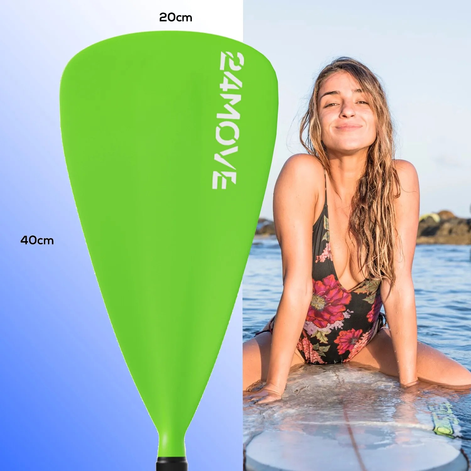 Grünes 24MOVE SUP Paddel aus Aluminium, 210cm, neben Frau auf Surfbrett im Wasser.