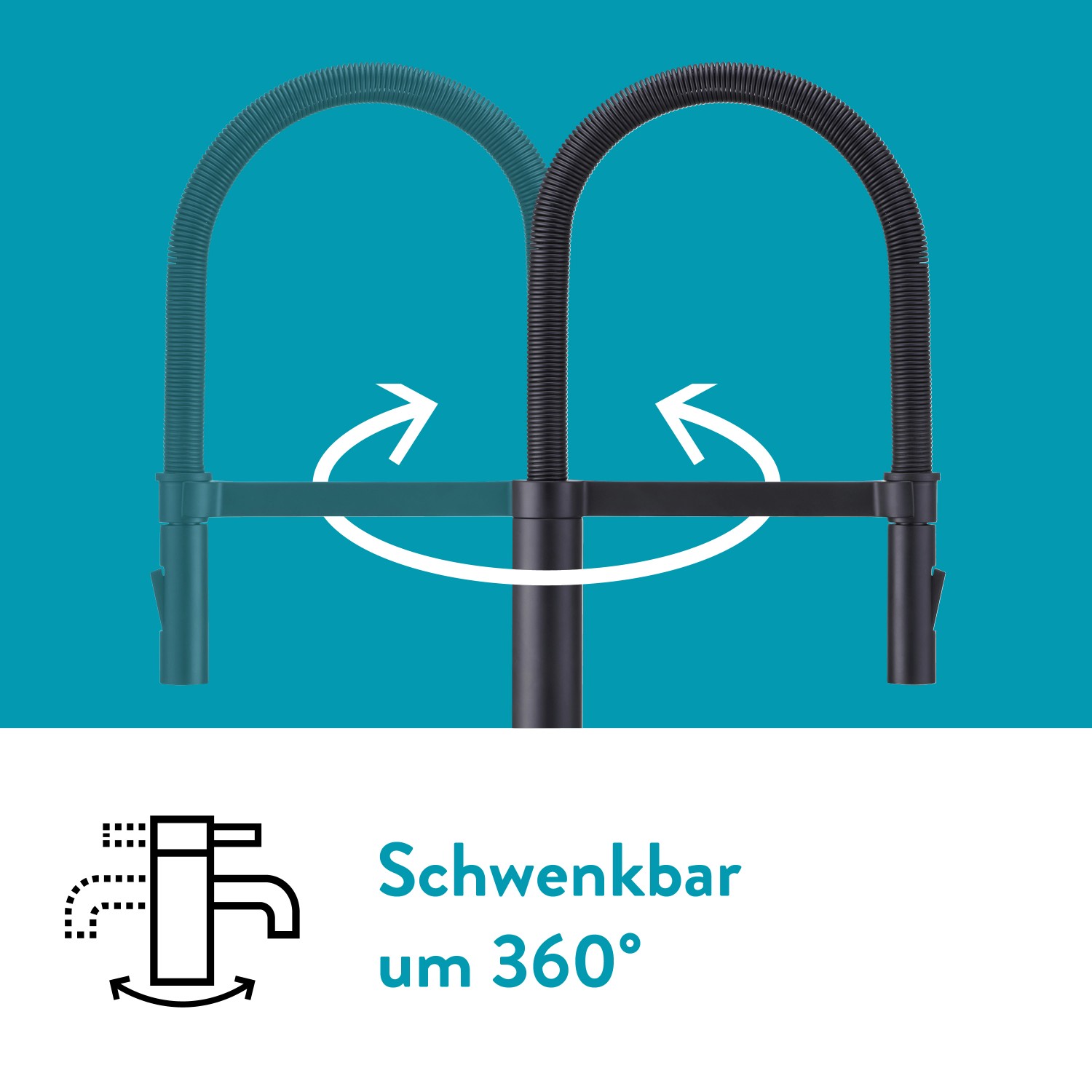 Schwenkbare baliv Küchenarmatur KI-1980, Schwarz Matt, mit flexiblem Schlauch.