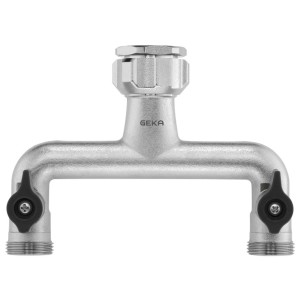 Geka Plus Zweiwegeventil aus Messing mit zwei Abgängen und Regulierhähnen.
